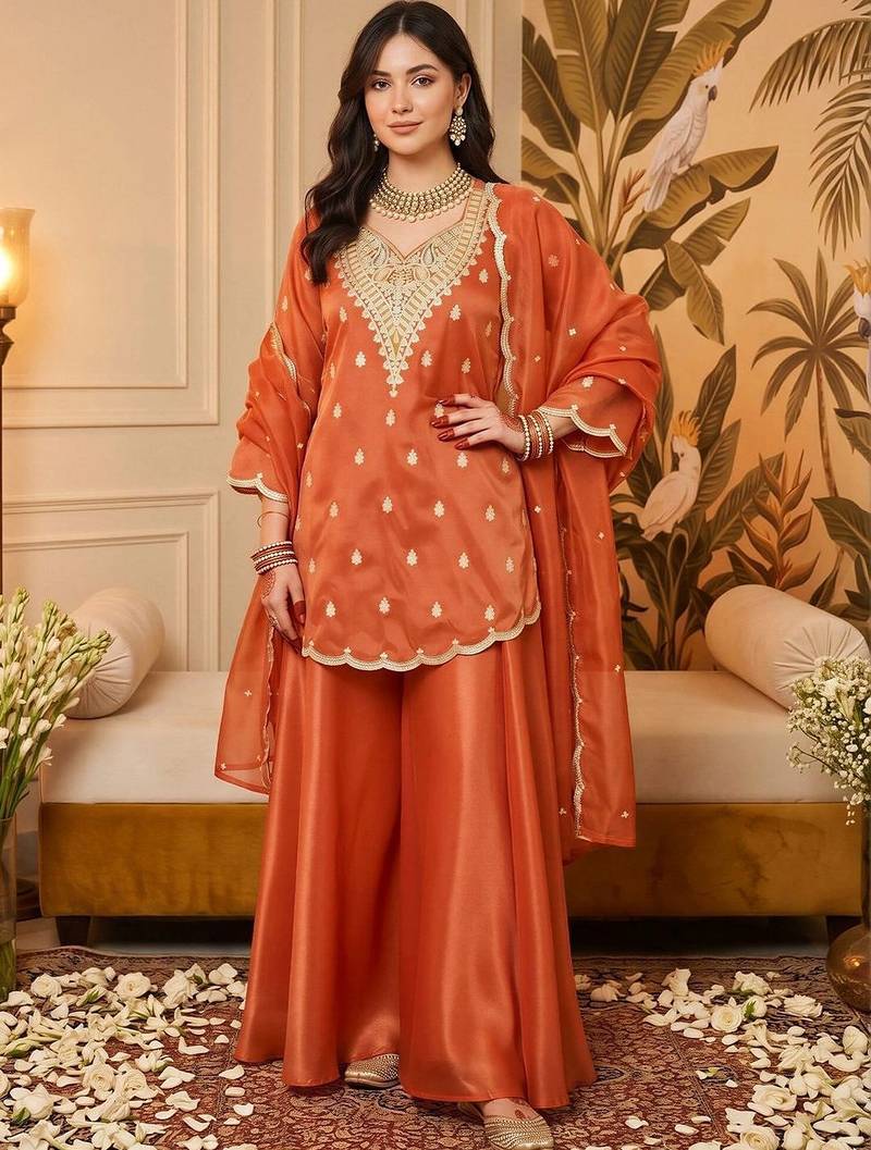 women ethnic motifs embroidered regular gotta patti kurta with palazzos & with dupatta