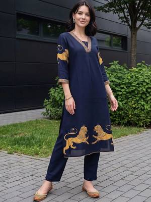 women ethnic motifs printed regular kurta with trousers 2