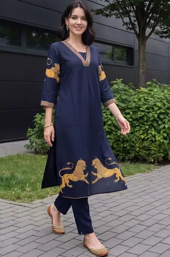 women ethnic motifs printed regular kurta with trousers