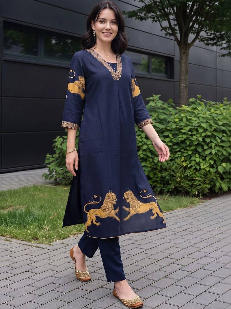 women ethnic motifs printed regular kurta with trousers