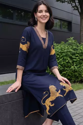 women ethnic motifs printed regular kurta with trousers