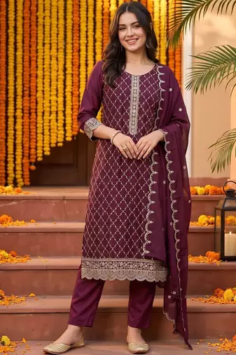 women ethnic motifs embroidered regular thread work kurta with trousers & with dupatta