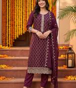 women ethnic motifs embroidered regular thread work kurta with trousers & with dupatta