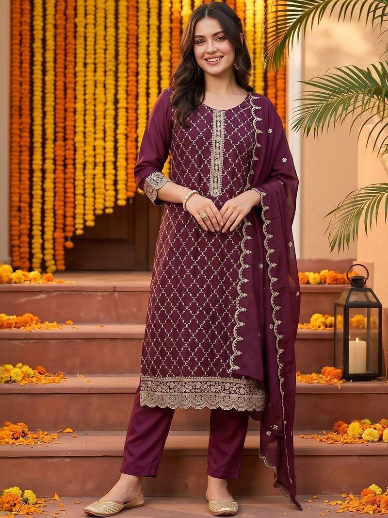 women ethnic motifs embroidered regular thread work kurta with trousers & with dupatta
