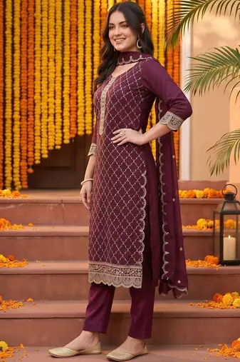 women ethnic motifs embroidered regular thread work kurta with trousers & with dupatta