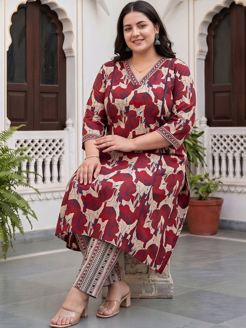 women floral printed regular cotton kurta with trousers