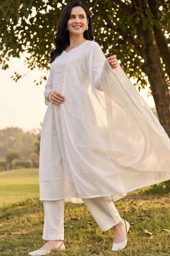 women ethnic motifs embroidered empire thread work cotton kurta with trousers & with dupatta