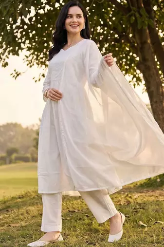 women ethnic motifs embroidered empire thread work cotton kurta with trousers & with dupatta