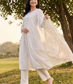 women ethnic motifs embroidered empire thread work cotton kurta with trousers & with dupatta