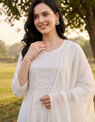 women ethnic motifs embroidered empire thread work cotton kurta with trousers & with dupatta 2