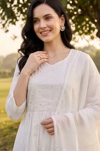 women ethnic motifs embroidered empire thread work cotton kurta with trousers & with dupatta