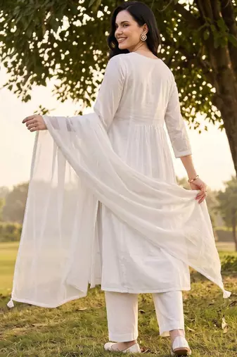women ethnic motifs embroidered empire thread work cotton kurta with trousers & with dupatta