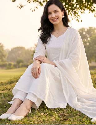 women ethnic motifs embroidered empire thread work cotton kurta with trousers & with dupatta 5