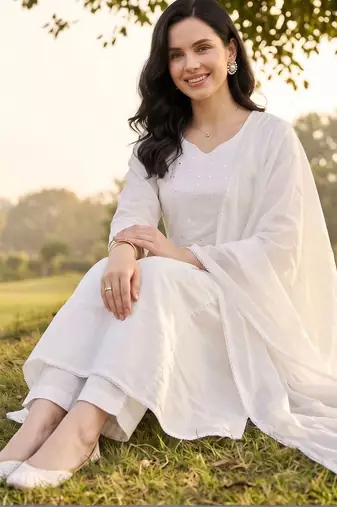 women ethnic motifs embroidered empire thread work cotton kurta with trousers & with dupatta