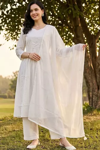 women ethnic motifs embroidered empire thread work cotton kurta with trousers & with dupatta