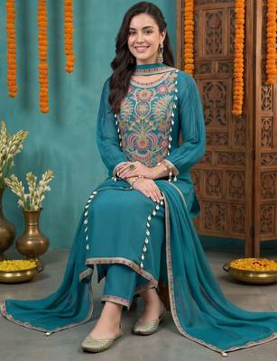 women ethnic motifs embroidered regular kurta with trousers & with dupatta 1