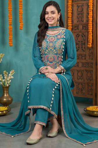 women ethnic motifs embroidered regular kurta with trousers & with dupatta