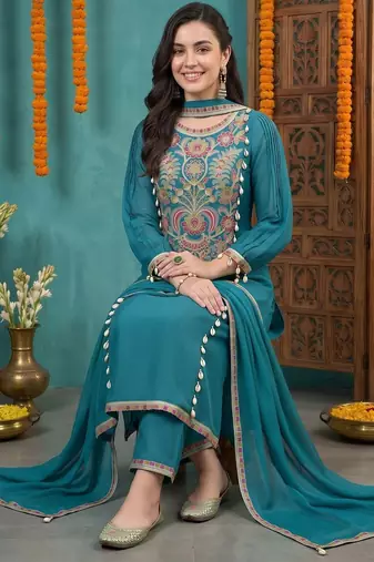 women ethnic motifs embroidered regular kurta with trousers & with dupatta