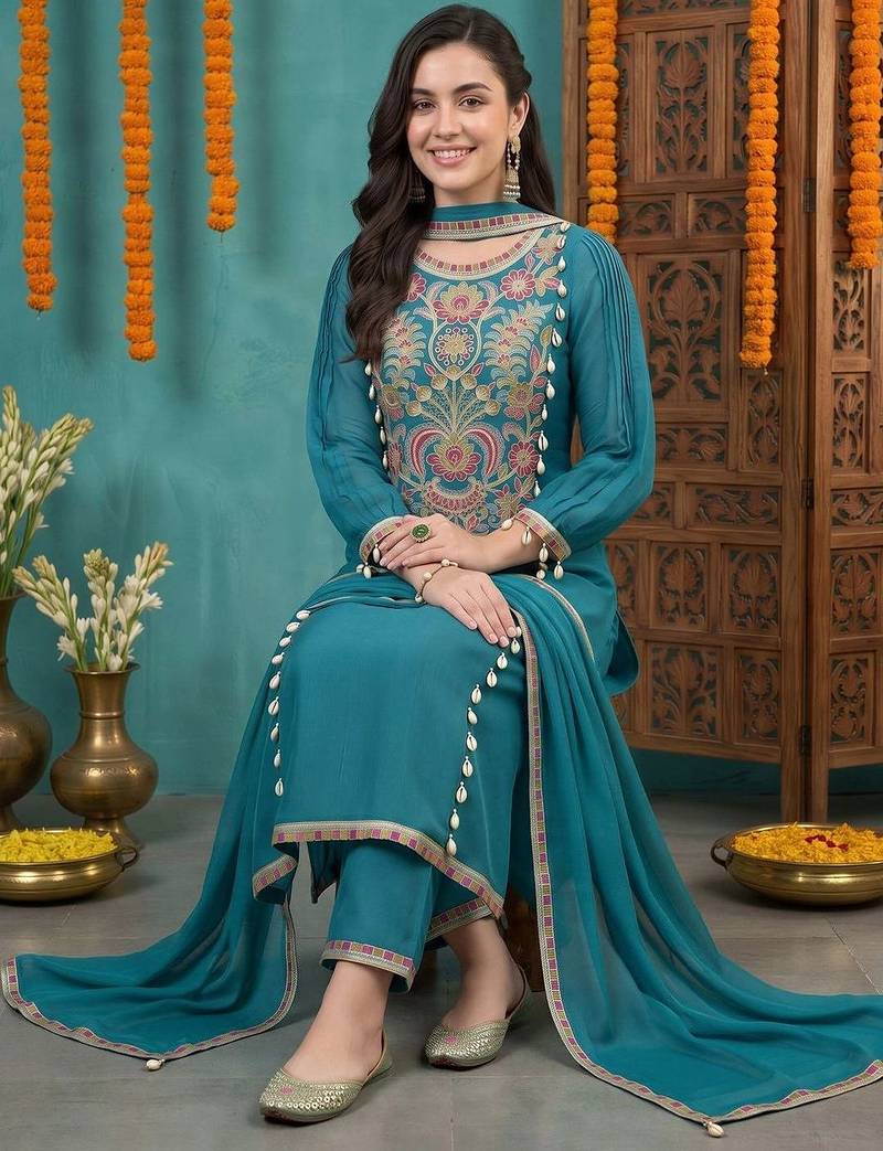 women ethnic motifs embroidered regular kurta with trousers & with dupatta