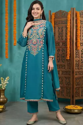 women ethnic motifs embroidered regular kurta with trousers & with dupatta