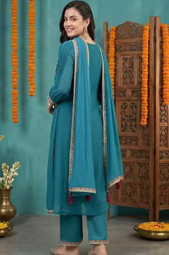 women ethnic motifs embroidered regular kurta with trousers & with dupatta