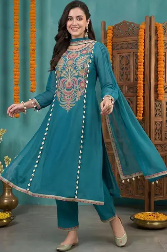 women ethnic motifs embroidered regular kurta with trousers & with dupatta