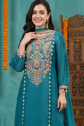 women ethnic motifs embroidered regular kurta with trousers & with dupatta