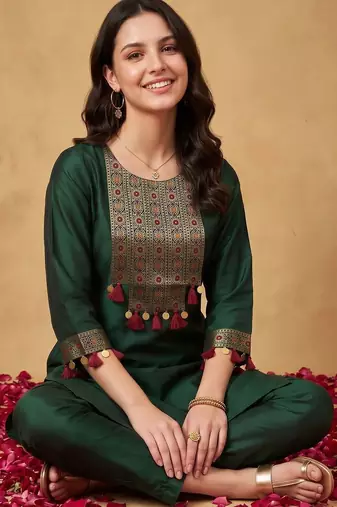 women ethnic motifs embroidered regular thread work liva kurta with trousers