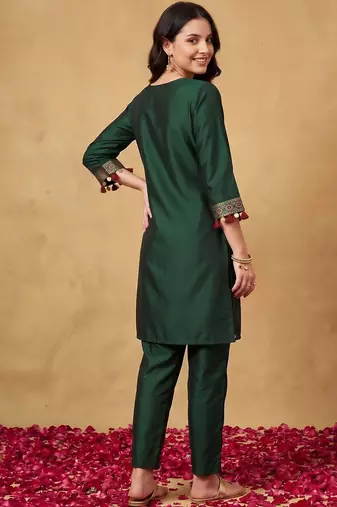 women ethnic motifs embroidered regular thread work liva kurta with trousers