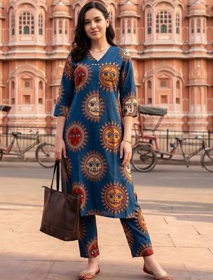 women ethnic motifs printed regular cotton kurta with trousers 1