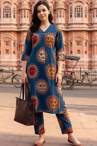 women ethnic motifs printed regular cotton kurta with trousers