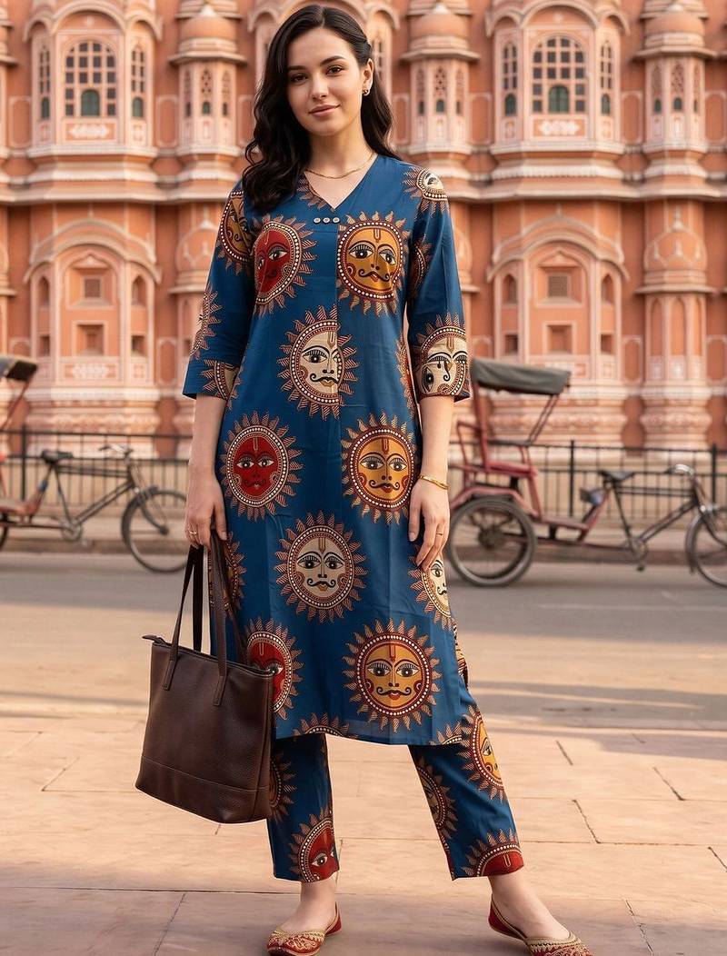 women ethnic motifs printed regular cotton kurta with trousers