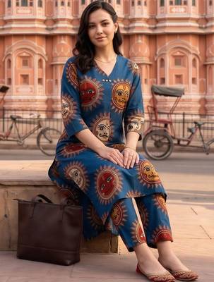 women ethnic motifs printed regular cotton kurta with trousers 2