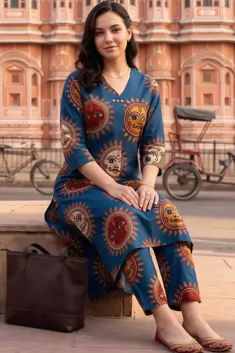 women ethnic motifs printed regular cotton kurta with trousers