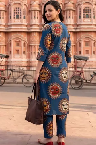 women ethnic motifs printed regular cotton kurta with trousers