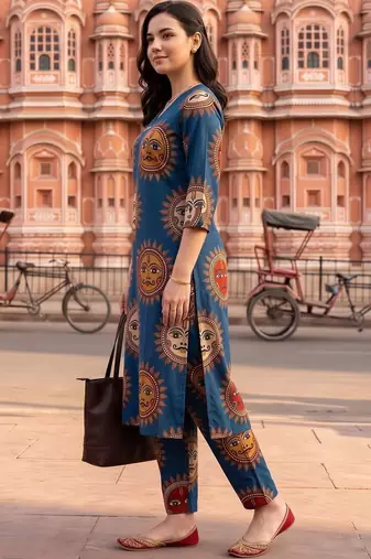 women ethnic motifs printed regular cotton kurta with trousers