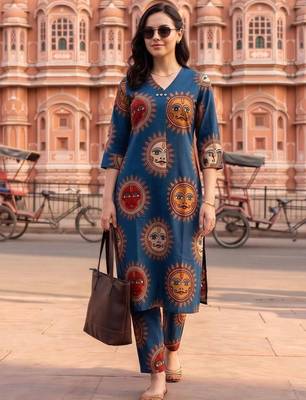 women ethnic motifs printed regular cotton kurta with trousers 5