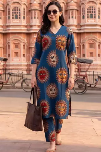 women ethnic motifs printed regular cotton kurta with trousers