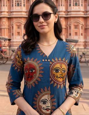 women ethnic motifs printed regular cotton kurta with trousers 6