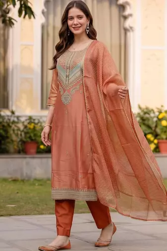women ethnic motifs embroidered regular thread work kurta with trousers & with dupatta