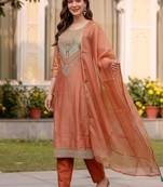 women ethnic motifs embroidered regular thread work kurta with trousers & with dupatta