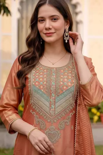 women ethnic motifs embroidered regular thread work kurta with trousers & with dupatta