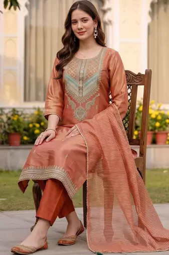 women ethnic motifs embroidered regular thread work kurta with trousers & with dupatta