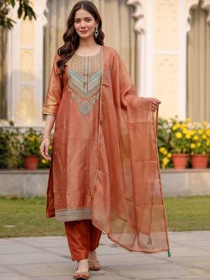 women ethnic motifs embroidered regular thread work kurta with trousers & with dupatta 6