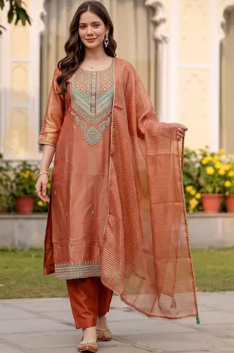 women ethnic motifs embroidered regular thread work kurta with trousers & with dupatta