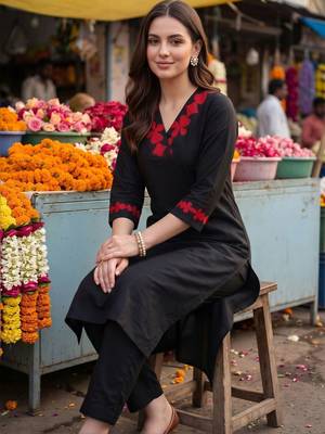 women floral embroidered regular thread work kurta with trousers 5