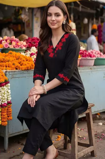 women floral embroidered regular thread work kurta with trousers