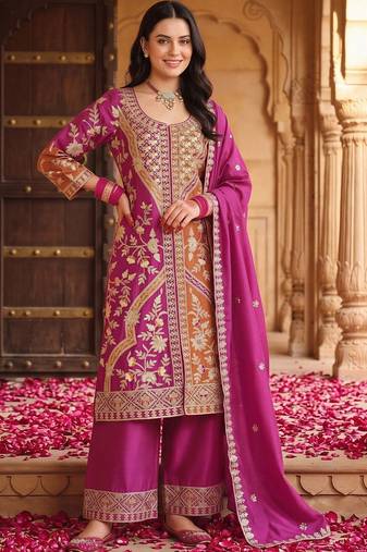 women ethnic motifs embroidered regular kurta with palazzos & with dupatta