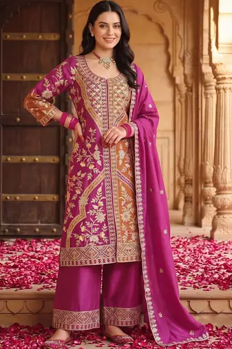 women ethnic motifs embroidered regular kurta with palazzos & with dupatta