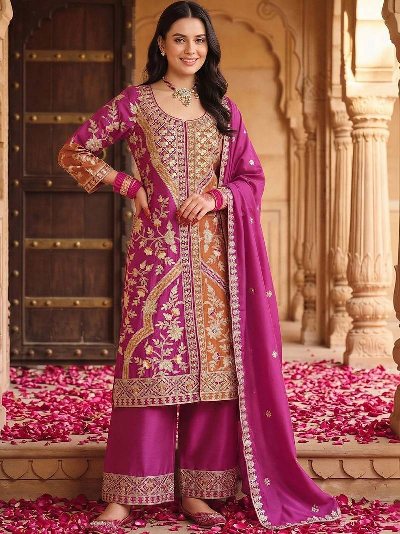 women ethnic motifs embroidered regular kurta with palazzos & with dupatta